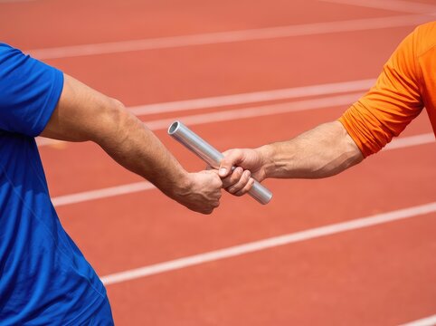 Dynamic moment on stadium track. One runner passes the baton to another during an exciting relay race. Intense focus and powerful movement, exchange, race, motion