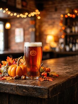 Festive Halloween happy hour scene with a craft beer pint, a small pumpkin, and fall decorations on a rustic bar counter with copy space, orange, pub, beer