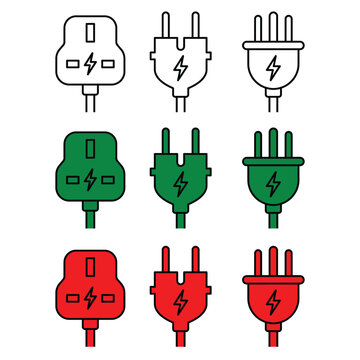 Collection of colorful electrical plugs and outlets with lightning bolt symbols