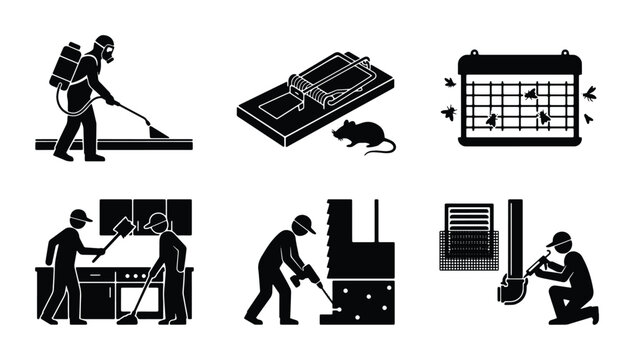 Pest Control Services, Extermination and Rodent Removal, Insect Traps, Vector Icon Set