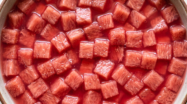 Red pulasan fruit diced chunks in natural red juice overhead macro food texture background