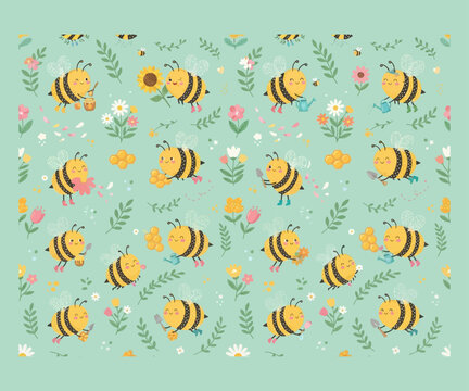 Cute bee seamless pattern with flowers vector illustration