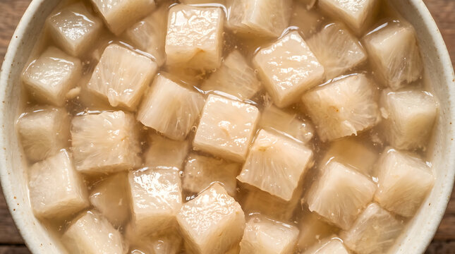 Diced pulasan fruit chunks soaking in natural sweet juice overhead flat lay texture