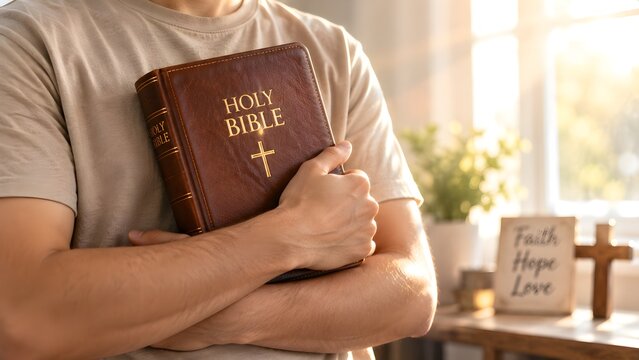 A man holding a holy bible close to his chest in a peaceful room, representing strong religious faith, devotion, and spirituality