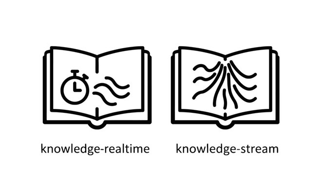 Realtime knowledge stream open book line art icons representing fast information flow and data access with fast learning digital library education
