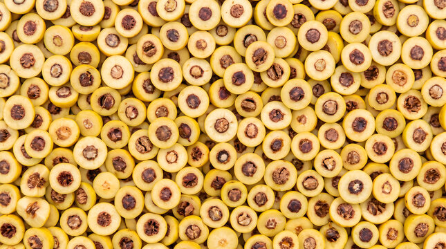 Sliced nance fruit cross sections with seeds seamless pattern yellow macro background