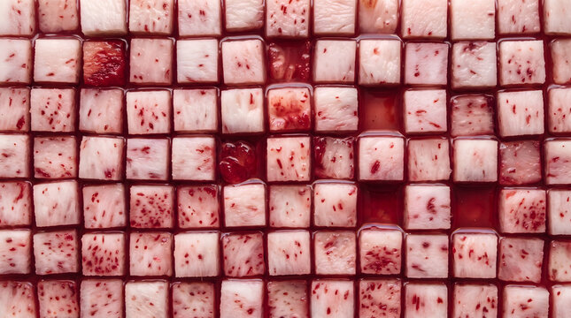 Diced miracle fruit cubes soaking in natural sweet reddish juice syrup macro close up background