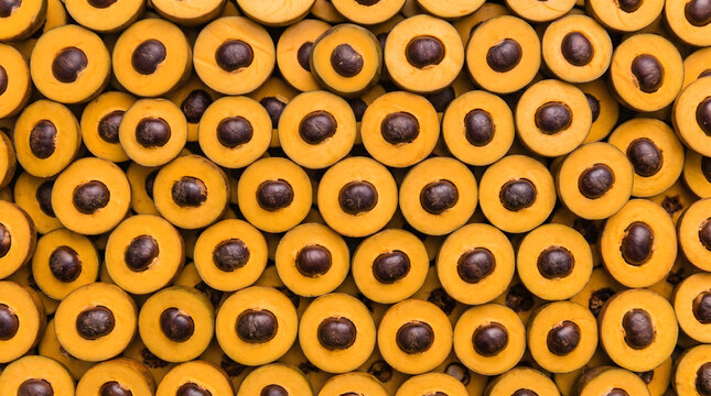 Fresh orange lucuma fruit slices seamless pattern macro top view flat lay wallpaper background