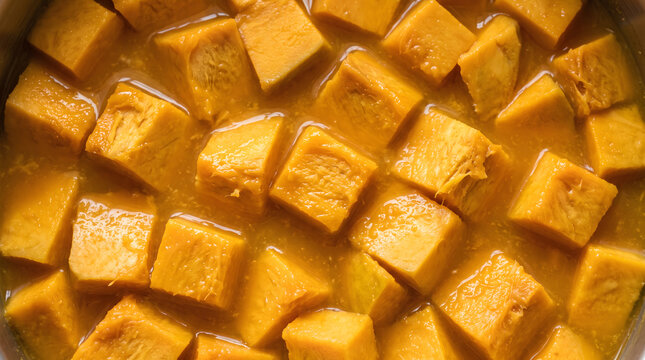 Diced golden lucuma fruit chunks floating in sweet juice nectar macro close up background