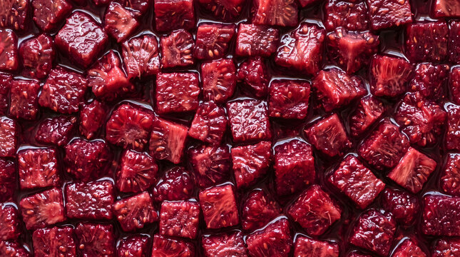 Diced loganberry fruit cubes soaking in rich red natural juice macro close up texture background