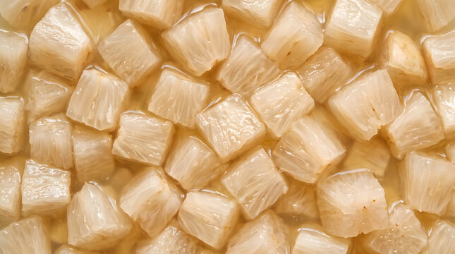 Diced white langsat fruit chunks soaked in natural sweet nectar syrup macro texture background