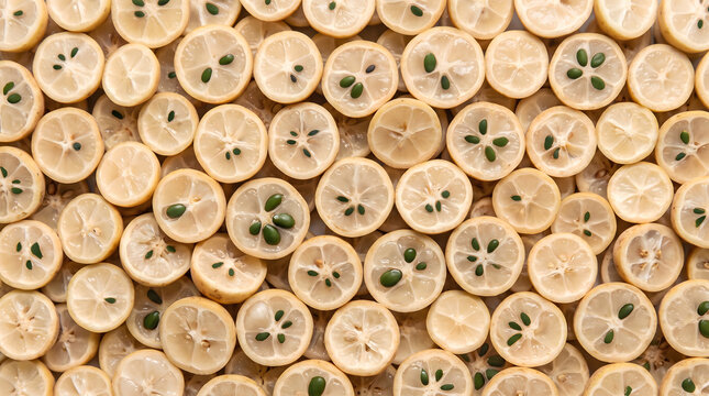 Fresh translucent langsat fruit slices with green seeds seamless pattern flat lay top view background
