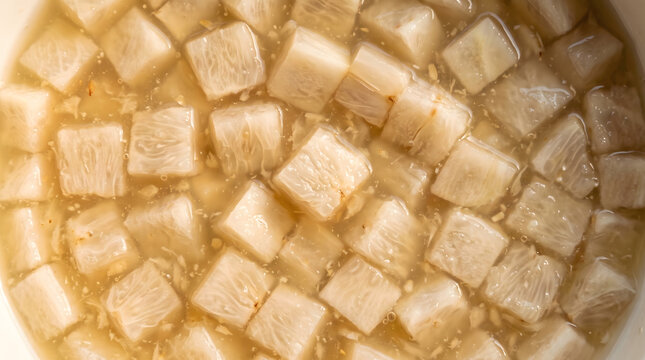 Diced langsat fruit pulp cubes floating in sweet golden syrup juice macro close up texture background