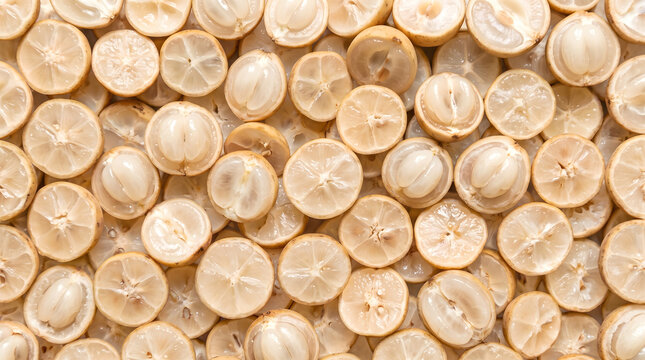 Seamless pattern of juicy peeled langsat fruit slices top view macro flat lay texture background