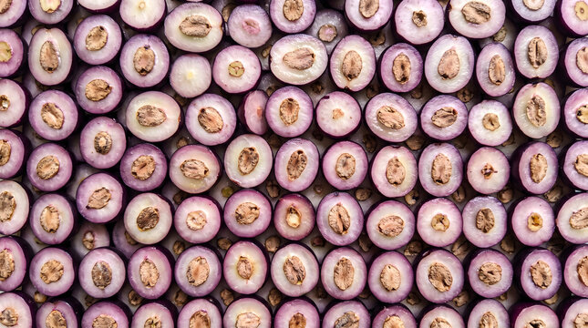 Seamless Pattern of Fresh Java Plum Slices, Top Down Flat Lay Background of Cut Exotic Jamun Syzygium Cumini Cross Section