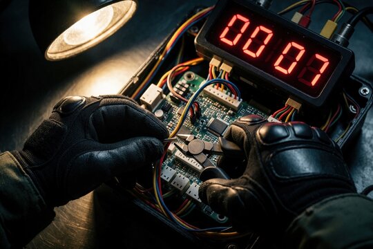 Gloved hands of bomb expert cut colored wires on ticking explosive device. Tactical specialist uses tools to defuse dangerous bomb with digital timer showing countdown. Close up of mission to prevent