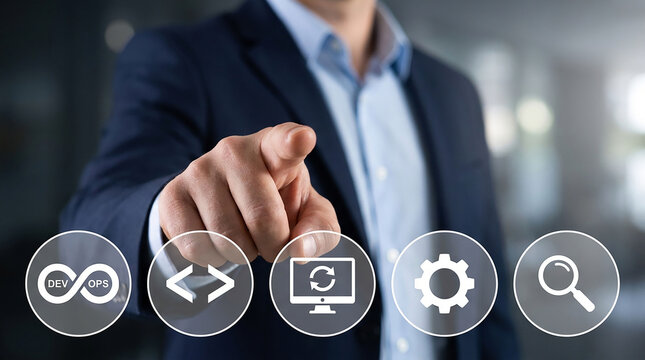 Selecting the Right Path: A businessman in a suit points forward, highlighting digital icons representing the stages of software development and automation.