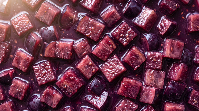 Fresh Diced Jabuticaba Chunks Immersed in Natural Fruit Juice, Top Down Macro View of Brazilian Grape Pieces in Syrup