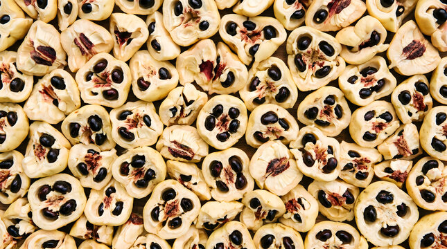 Fresh Ackee Arils Seamless Pattern Top View Macro Background, Blighia Sapida Creamy Arils Black Seeds Texture