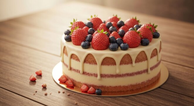 A delectable two-layered cake, adorned with fresh strawberries and blueberries, sits on a wooden table, drizzled with white icing