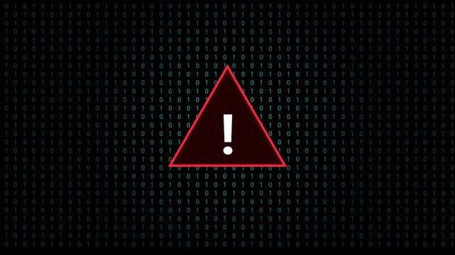 Warning sign blinking over digital binary code background motion footage