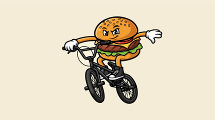 Fototapeta premium Cartoon burger character riding a black BMX bicycle.