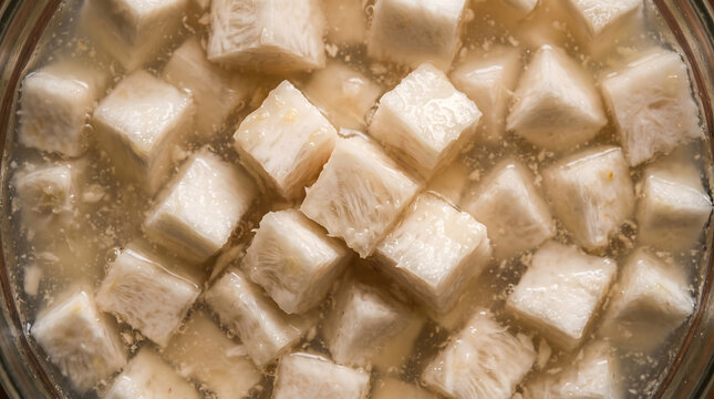 Square diced Buddha's hand fruit chunks immersed in sweet natural syrup, macro close up view of exotic aromatic citrus preserve compote
