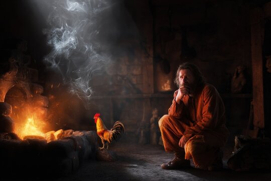 Peter After Denying Jesus Three Times, Filled with Remorse as the Rooster Crowls at Dawn in the Dark Jerusalem Courtyard
