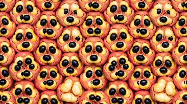 Seamless pattern of fresh ackee fruit pods displaying yellow arils and black seeds, vibrant exotic tropical food flat lay texture