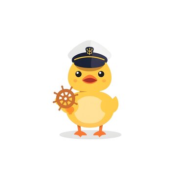Minimalist vector illustration of a cute little yellow duck wearing a captain hat and holding a tiny ship wheel, isolated on white background