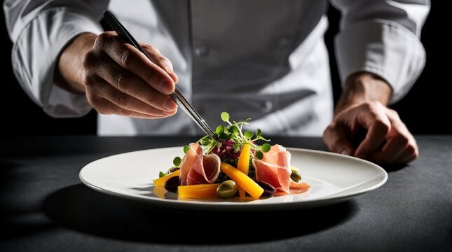 Pro chef uses tweezers to garnish gourmet salad on white plate. Culinary expert prepares fine dining dish with prosciutto, melon, microgreens. Close up of food plating process in restaurant kitchen