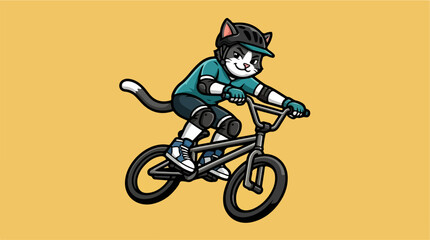 Fototapeta premium Cartoon cat mascot riding a bmx bicycle performing jump