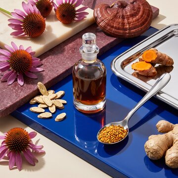 Botanical immune support still life with echinacea, astragalus root, reishi mushroom, turmeric, ginger, bee pollen and herbal tincture for natural wellness and herbal medicine