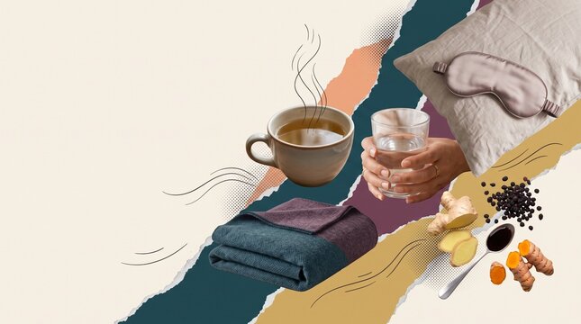 Immune system support routine with herbal tea, hands holding a glass of water, sleep mask on a pillow, warm blanket, elderberry syrup, ginger and turmeric for rest, hydration and recovery