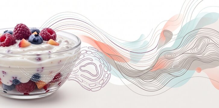 Probiotic yogurt with berries and healthy gut microbiome concept for digestive health, immune system support, wellness nutrition and healthy eating