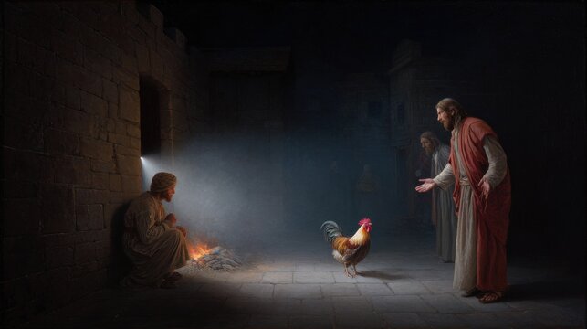 Peter After Denying Jesus Three Times, Filled with Remorse as the Rooster Crowls at Dawn in the Dark Jerusalem Courtyard