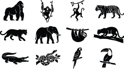 Fototapeta premium Tropical jungle animal silhouettes collection black wild creatures set for nature design