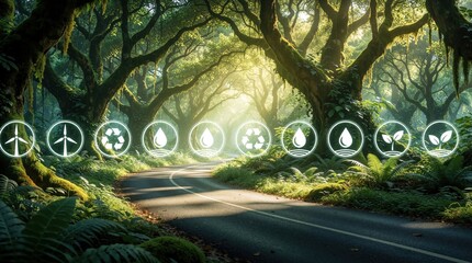 Fototapeta premium Green forest road with sunbeams through mossy trees. White circular eco icons float above asphalt path. Concepts of net zero carbon emission, renewable energy, water conservation, nature protection