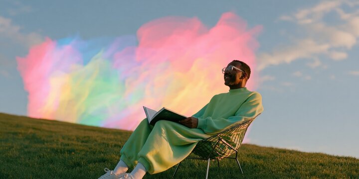 Seated reader in green outfit with open book and pastel rainbow cloud behind on grassy hill for surreal wallpaper and creative background design