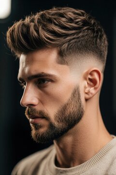 Handsome young man with stylish pompadour haircut, groomed beard looks away. Profile view of male model showing modern fade haircut, facial hair. Trendy barbershop hairstyle for men with neat beard,