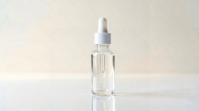 Clear glass dropper bottle on a pale reflective surface