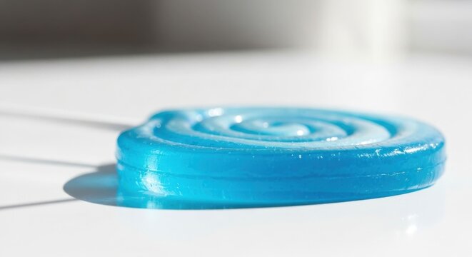A translucent light-blue spiral lollipop rests on a white surface, casting a shadow