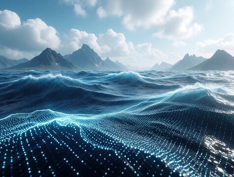 Abstract digital ocean waves with glowing blue dots create futuristic sea surface. Distant mountains stand under bright cloudy sky. Sci-fi landscape shows technological water texture, artificial