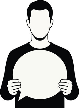 Man holding a blank round speech bubble icon vector illustration