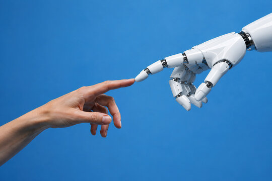 A robot's hand and a human hand&mdash;an allusion to Michelangelo. Creator and human. Robot and human.