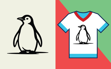 Obraz premium Simple black outline of a standing penguin on a white t-shirt with red and green background