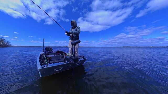 Fisherman is fishing on lake from boat casting spinning rod at daylight. Angler is standing in an equipped boat and catching fish while trolling. Man holds spinning rod while offshore during sunny day