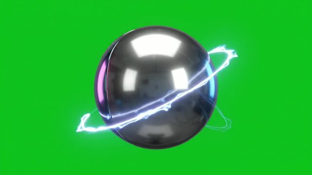 3D metallic smug face emoji with electric ring spinning on green screen