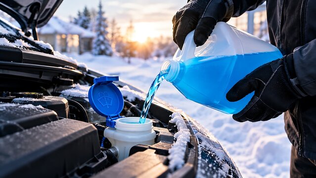 Person wearing gloves pouring blue windshield washer fluid into a car engine