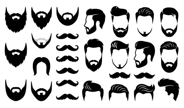 Vintage hipster beard and mustache hairstyle flat silhouette vector icons